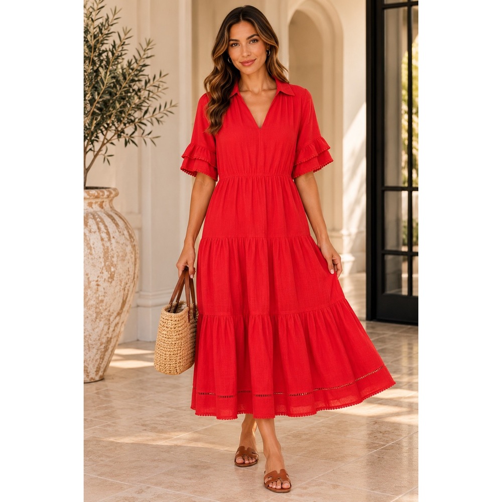 Chico's Red Linen Tiered Midi Dress Ruffle Sleeve Minimalist Size 2.5 L/XL 14